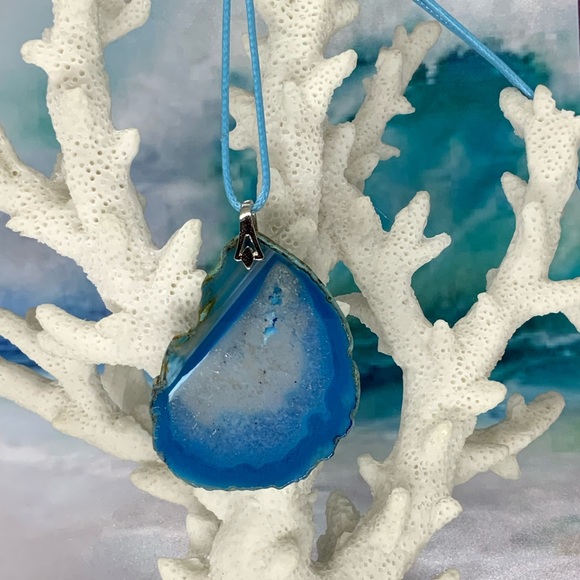 Blue Druzy Geode Agate Slice Pendant Necklace on Waxed Cotton Cord - Handmade - Picture 2 of 12